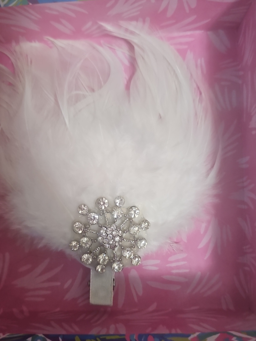 Feather Hair Clip For Flapper Party White Silver W Bling